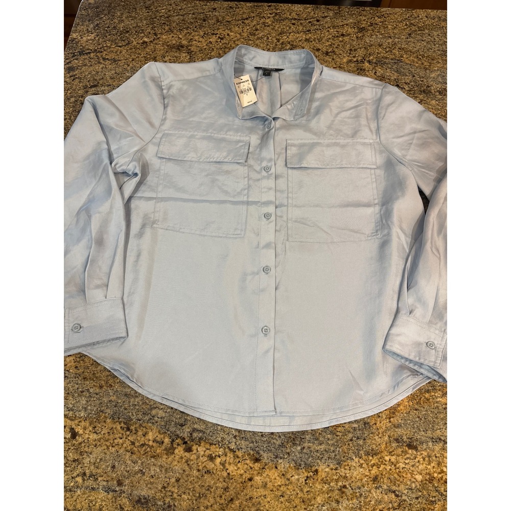 NWT Express Womens Light Blue Satin Utility Button Up Shirt Blouse Size S Office